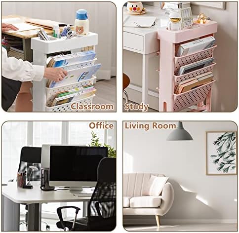 Pink Rolling Office Paper Organizer, Mobile Book Cart Document Folder File Storage with Pen Holder, Slim Rolling Storage Cart Movable Bookshelf for Office, Dorm, Classroom, Nursery - Image 5