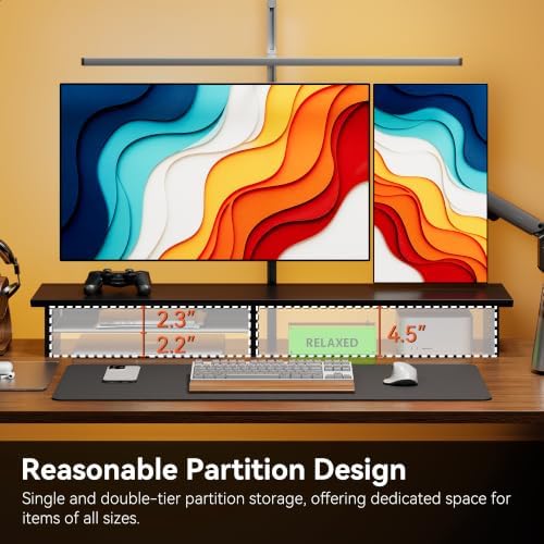 FENSULN Dual‑Tier Monitor Stand for Minimalist Wooden and Metal Riser Shelf Desktop Stands Organizer with Underneath Storage for Dual Monitors, Laptops, Home Office Aesthetic，Black - Image 3