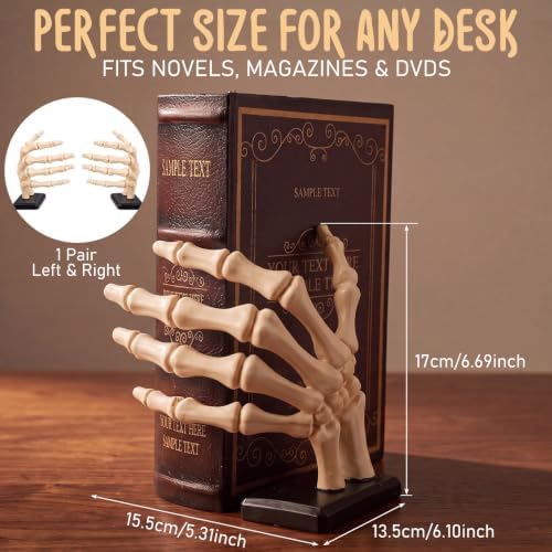 Skeleton Hand Bookend, White Resin Skull Finger Bookstop with Wooden Base - Image 2