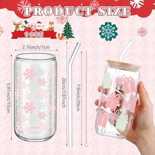 6 Pcs Christmas Glass Cup Bulk with Straw and Bamboo Lids 16 oz - Image 3