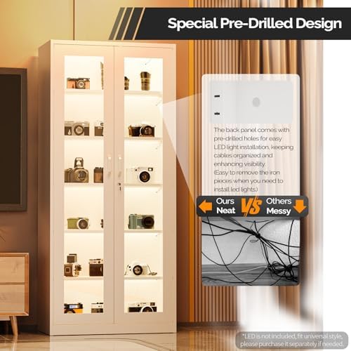 VINGLI Lockable Display Cabinet with Glass Doors & 5 Adjustable Shelves, 71" Tall White Metal Storage Cabinet Curio Liquor, Bookshelf Bookcase for Home Office Living Room Pantry Garage - Image 4