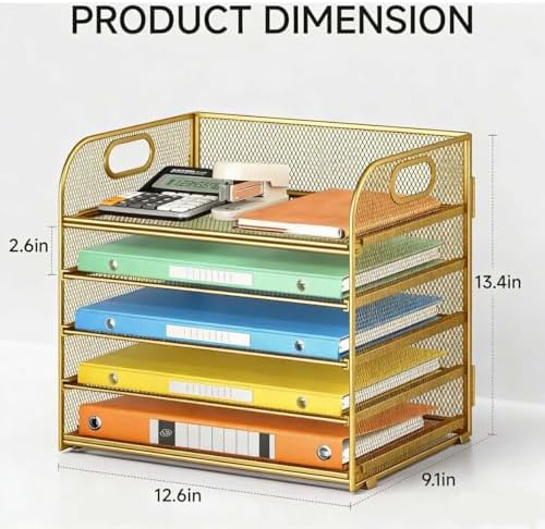 Lavatino Desk Paper Organizer Trays, Gold 5-Tier Mesh File Folder Sorter with Handles, Letter Holder Organizer for Office, Home, School Supplies Storage & Organization - Image 4