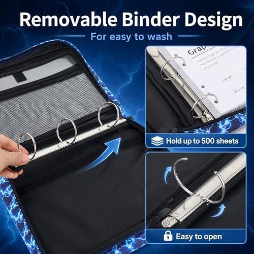 Zipper Binder Folder Keeper with Strap 2", 3 Ring, Blue, Lightning - Image 5