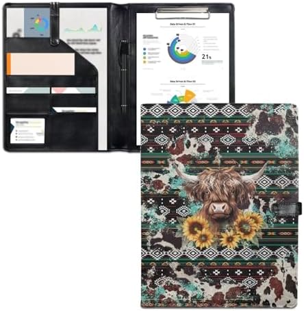 Sunflower Cow Tribal Print Leather Padfolio Folder Resume/Meeting/Legal Documents Writing Pad Clipboard Notepad Clip Boards Portfolio Organizer Portfolio for Men Women - Image 2