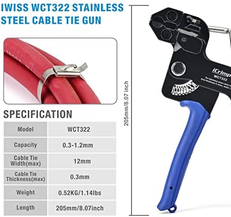 IWISS WCT322 Stainless Steel Cable Tie Gun Kit for Fastening and Cutting up to 12mm Width Metal Zip Ties, c/w 100 Pieces Stainless Steel Cable Zip Ties, Zip Tie Gun - Image 2