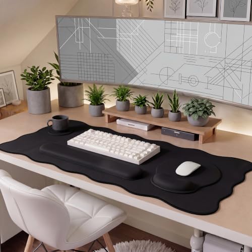 Sabary Scalloped Desk Mat Keyboard Mouse Pad Set Black 31.5 x 15.7 Inch - Image 6