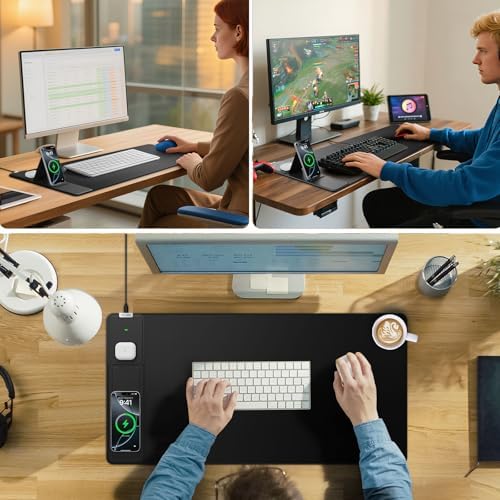 Wireless Charging Mouse Pad with Foldable Phone Holder, 31.5"x15.8", Black - Image 4