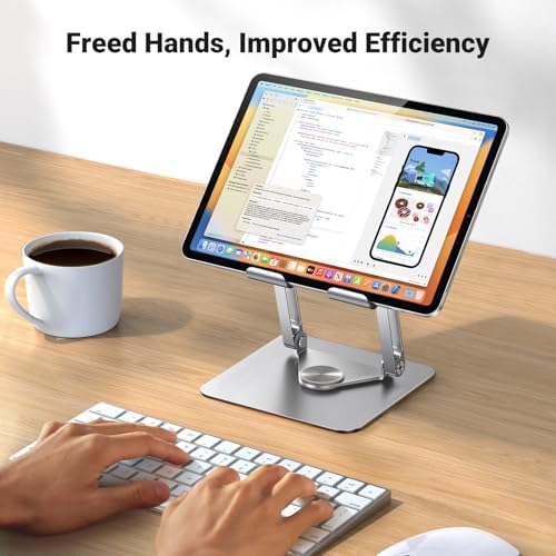 UGREEN Tablet Stand Holder for Desk with 360° Rotating Base Aluminum Dual Rod Support Adjustable Home Office Accessories Compatible with iPad Pro 13 12 11 Air Mini 5 4 3 Phone E-Reader Silver - Image 3