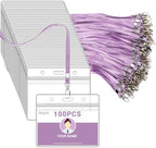 Segarty Lanyards with ID Holder, 100 Pack Horizontal Plastic Name Tags Badge Neck Lanyard Key Card Bulk, Light Purple Strap Clips Clear Ziplock Nametag Holders for Women, Business, Student, Schools by Segarty