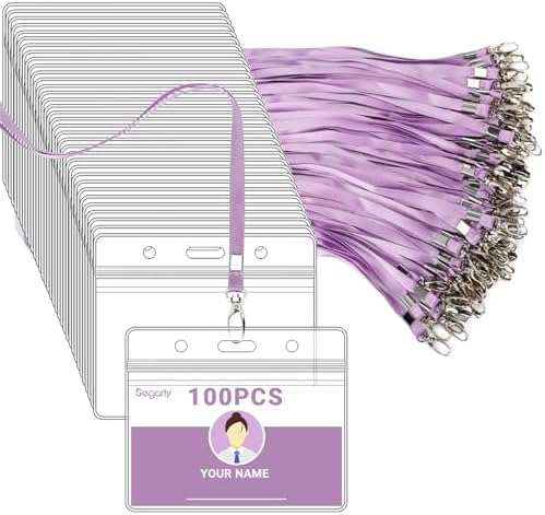 Segarty Lanyards with ID Holder, 100 Pack Horizontal Plastic Name Tags Badge Neck Lanyard Key Card Bulk, Light Purple Strap Clips Clear Ziplock Nametag Holders for Women, Business, Student, Schools by Segarty