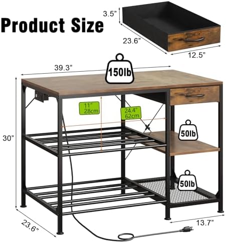 3D Printer Table with Filament Storage, 3-Tier 3D Printer Stand with Power Outlet & Drawer, Heavy Duty 3D Printer Rack for Workshop Studio Office (Brown) - Image 2