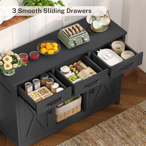 TEENFON Coffee Bar Cabinet with 3 Drawers, Farmhouse Buffet Cabinet - Image 6