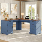 Whalefall 67'' Farmhouse L-Shaped Desk with Drawers for Home Office, Blue by Whalefall
