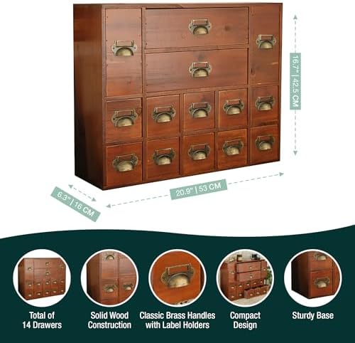 14-Drawer Apothecary Cabinet - Index Card Organizer - Miniature Chest of Drawers - Brass Handle Organizer - Kids' Arts and Crafts Storage - Wooden Desktop Drawer Organizer - Image 2
