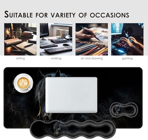 Large Keyboard Mouse Pad Set, Extended Mouse Pad+Keyboard Wrist Rest Support, Memory Foam Ergonomic Easy Typing, 4Pcs (31.5×11.8 in) Desk Pad Set for Office Home,Black Horse - Image 7