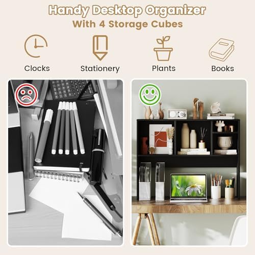 LDAILY Desktop Bookshelf, 2-Tier Office Desk Shelf Organizer Desk Hutch with 4 Shelves, 37’’L Wood Storage Rack Display Shelf for Computer Desk, Office, College Dorm, Bedroom (Black) - Image 3
