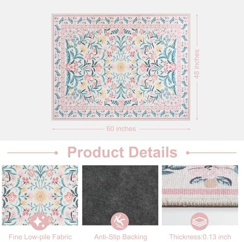 Anidaroel 48"x60" Office Chair Mat for Hardwood Floor/Tile Floor, Anti-Slip Floral Desk Mat for Chair,Boho Desk Rug for Office, Low Pile Office Rugs for Rolling Chairs, Blush Pink Floor Protector Rug - Image 4