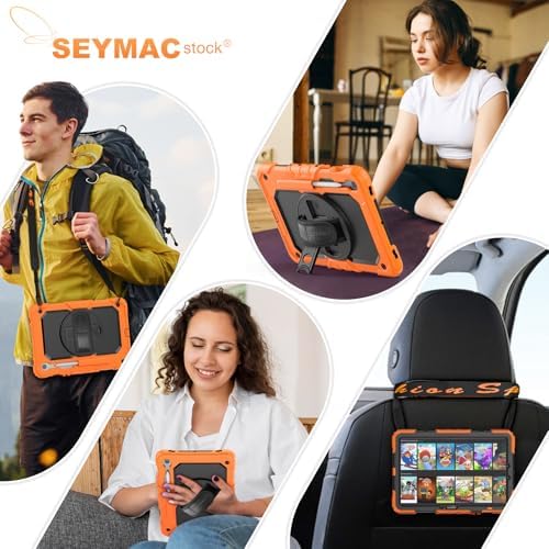 SEYMAC stock Case for Samsung Galaxy Tab S10 Lite / S10 FE / S9 FE 5G / S9 Tablet Case 10.9''/ 11'' Protective with Screen Protector, Pen Holder, 360 Rotate Stand, Hand Strap, Shoulder Strap, Orange - Image 5