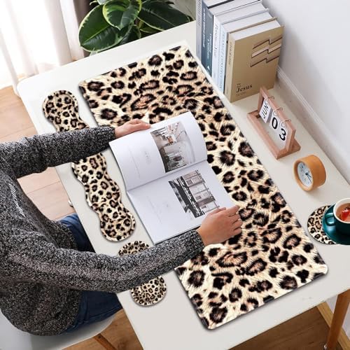 Large XXL Gaming Desk Mat 31.5"x 11.8", Ergonomic Keyboard Wrist Rest & Mouse Pad Wrist Rest + Coaster Set, Non-Slip Base, Memory Foam, Office and Home, Little Leopard Print - Image 7