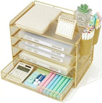 LEKETREE Desk Organizers and Accessories, 5-Tier Paper Letter Tray Organizer with Drawer & 2 Pen Holders, Desktop Organizer for Office Supplies (Gold) by Stylishworkspaceeffortlessorganization