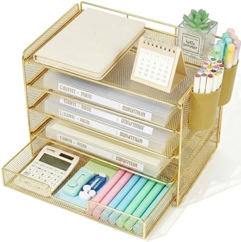 LEKETREE Desk Organizers and Accessories, 5-Tier Paper Letter Tray Organizer with Drawer & 2 Pen Holders, Desktop Organizer for Office Supplies (Gold) by Stylishworkspaceeffortlessorganization