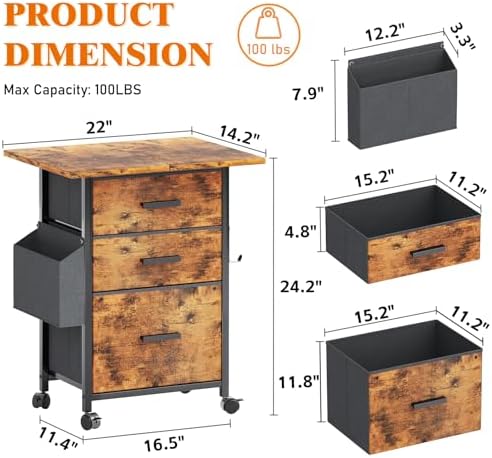 3-Drawer Mobile File Cabinet with 22" Wide Printer Stand, Fabric Filing Cabinet with Side Bag & Headphone Hook, Fits Letter/A4 Size Hanging File Folders, Rolling Home Office Organizer, Rustic Brown - Image 3