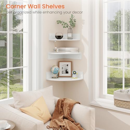 Homode Floating Corner Shelves, Set of 3 Wood Corner Wall Shelves with Wire Hole, 12 Inch Deep Hanging Corner Display Shelf for Living Room, Kitchen, Bedroom, White - Image 4