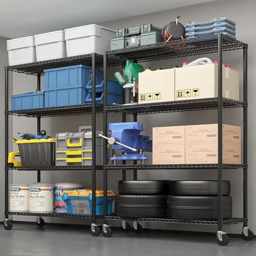 4 Tier Storage Racks Shelving, Heavy Steel Pantry Shelves, Adjustable Wire Shelving Rack with Wheels, Suitable for Garage, Kitchens, Bathroom, Offices, 55" W x 23.6" D x 75.6" H, Black - Image 6