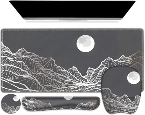 Large Mouse Pad, Keyboard Wrist Rest Set, Ergonomic Mouse Pad with Wrist Support, Desk Mat with Stitched Edges + Coaster, Extended Desk Pad Waterproof Desk Mat for Home Office Game I Moon and Valley by NXZGO