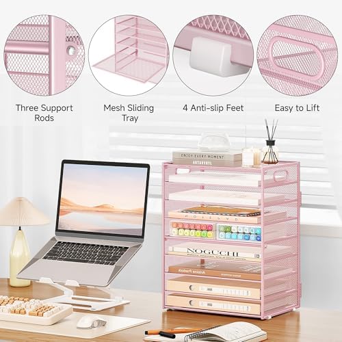 Subekyu 9 Tier Paper Letter File Tray Organizer for Desk, Pink Large Mesh Desk Folder Sorter Organizer with Handle, Include 6 Pcs Adjustable Height Slid Tray for Office Home School Supplies Storage - Image 6