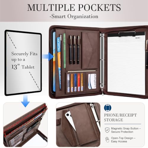 Leathario Portfolio Binder, Padfolio Organizer, 3 Ring Binder with Zipper - Image 4