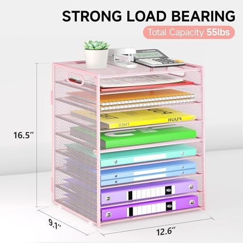 Cawukege 9 Tier Paper Organizer with Handle, Pink Large Capacity Desk Organizer Mesh File Folder Letter Paper Tray Desktop Document Sorter for Classroom, School, and Office Accessories Organization - Image 6
