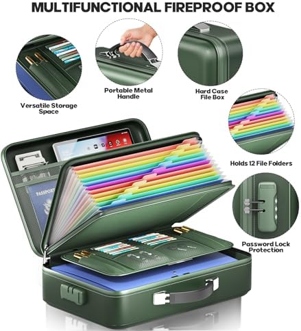 Fireproof Document Box, Hard Case Highly Flame-Resistant Fire Proof Waterproof File Organizer with Lock, Portable Fire Safe for Important Documents & Valuables Storage (Green, ‎16"*12"*5") - Image 5