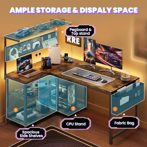 47in L Shaped Gaming Desk with Pegboard & Shelf & Storage Bag, Rustic Brown - Image 6