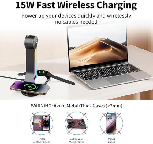 Transform Your Desk – 3-in-1 Wireless Charging Station with Headphone Stand, Dual USB Ports, 15W Fast Charger for Phone/A-irPods/A-pple Watch, RGB Light, LED Alarm Clock – Charge 5 Devices at Once - Image 3