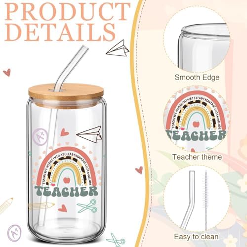 6 Pcs Back to School Teacher Gifts Bulk, 16 oz Glass Cups with Lid and Straw, Teacher Appreciation Can Shaped Drinking Glasses, Coffee Tumblers for First Day of School Classroom Party Favors - Image 4