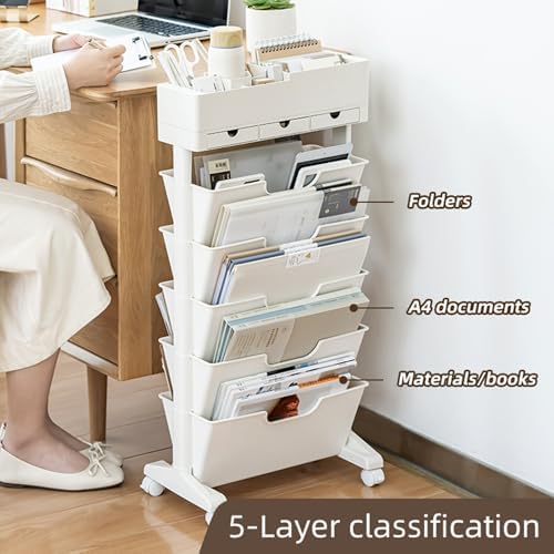 5 Tier Rolling Book Cart Multi-Functional Movable Storage Bookshelves - Image 3
