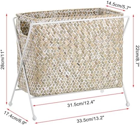BTSKY Handwoven Magazine Holder, Natural Seagrass Magazine Basket with Metal Rack, Mail Holder Floor Organizer for Office, Living Room, Dorm, Bathroom, Woven Rattan File Basket with Handle (White) - Image 3