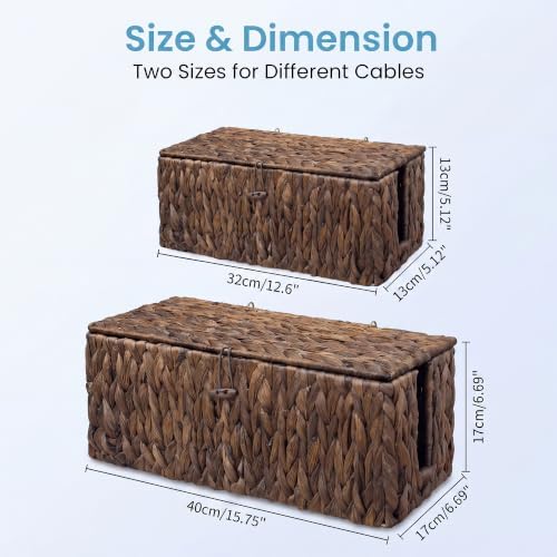 efluky 2 Pack Water Hyacinth Floor Cord Covers with Lid, Hand-Woven Cable Management Box, 2 Open Slots Cord Box to to Hide USB Wire, Power Strip & Charger for Home & Office and Dorm, Brown - Image 2