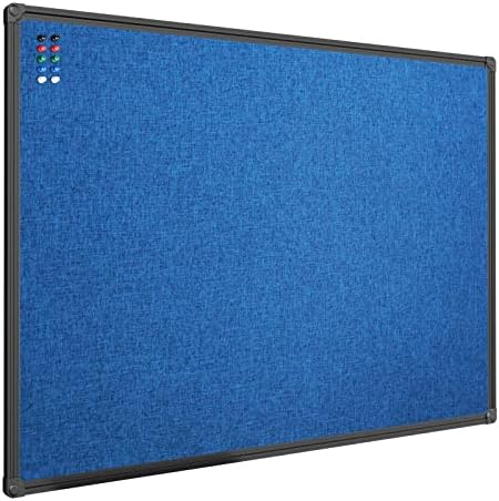 JILoffice Cork Linen Bulletin Board 36 X 24 Inch (Blue), Black Aluminum Frame Wall Mounted Board Memo Pin Board for Office Home and School by JILoffice