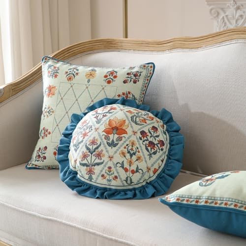 ISAENNE Linen Round Throw Pillow Cover,Set of 2,Diameter 16"-Floralsea A - Image 4