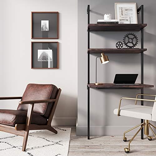 Nathan James Theo 2-Shelf Industrial Wall Mount Ladder Table, Small Computer or Writing Desk, Nutmeg/Matte Black - Image 2