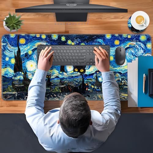 TGFEWYTJYJ Extended Gaming Mouse Pad,Memory Foam Ergonomic Keyboard Mouse Wrist Rest Support Set,Large Desk Mat with Stitched Edges,Non-Slip Base Mousepad Home Office,Starry Night Cat - Image 7