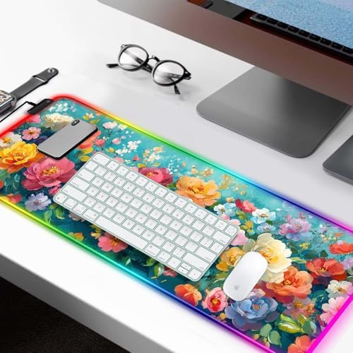 RGB Colorful Flower Peony Gaming Desk Mat & Floral Mouse Pad, XL - Image 2