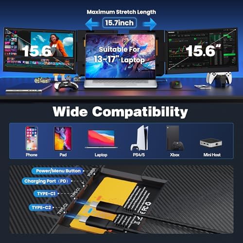 CIDETTY New Upgrad Laptop Screen Extender Monitor Portable, Ultra Light & Thin Triple Portable Monitor for Laptop 1080P FHD IPS Display for 13-17" Laptop, Plug & Play Compatiable with Win/Mac/Chrome - Image 5