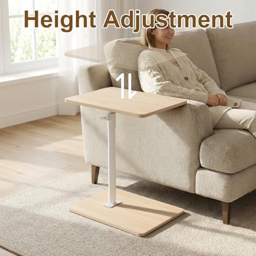 YUHFERA Sofa Armrest Tray Table for Couch - 360 Swivel Height Adjustable End Table for Small Spaces, Snack Side Table for Bed or Chair with Phone & Tablet Slot (Oak, Enlarged) - Image 6
