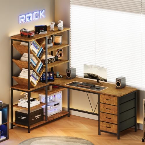 YOMILUVE 58" L Shaped Desk with Bookshelf and 3 Drawers for Home Office - Image 3