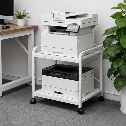 GarveeHome Under Desk Printer Stand, 20" Deep Large Printer Table with Height Adjustable Storage Shelf, 2 Tier Rolling Printer Cart with Wheels for Home Office, White by GarveeHome
