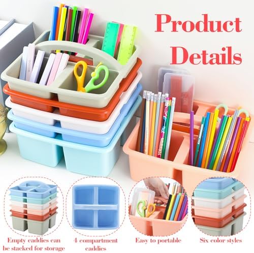 Lineshading 12 Pack Plastic Classroom Caddy, 4 Compartment, Boho Colors - Image 3
