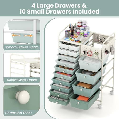 Giantex 14 Drawer Storage Cart, Rolling Craft Cart with Metal Tabletop & Pegboard, Mobile Utility Organizer Trolley with Locking Wheels, Home Office, Green Gradient - Image 5